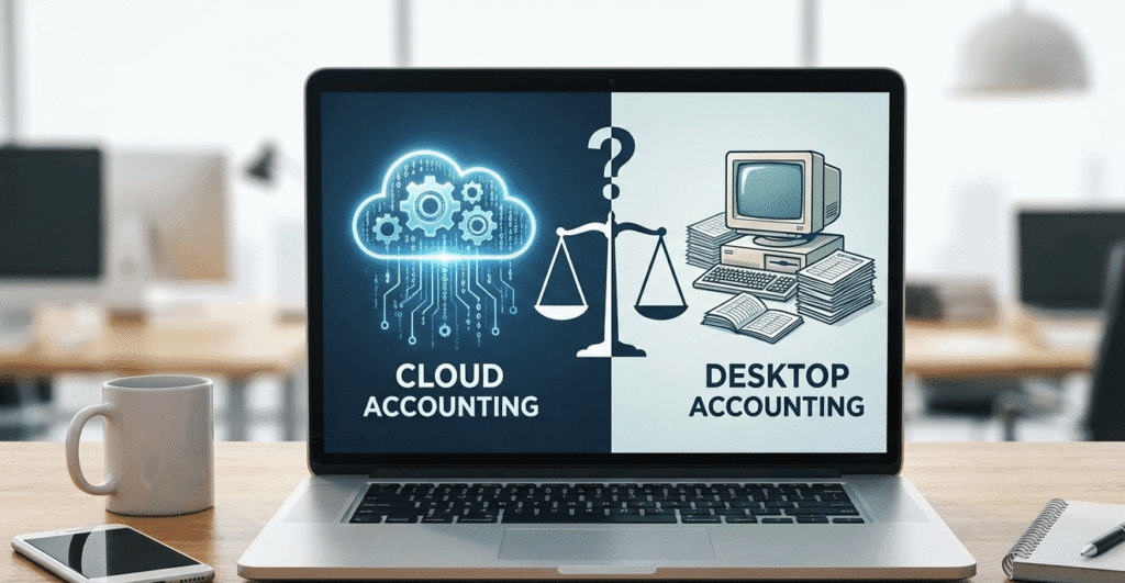 “Comparison between cloud accounting and desktop accounting, showing a cloud icon with a calculator on the left and a computer monitor with accounting graphics on the right.”