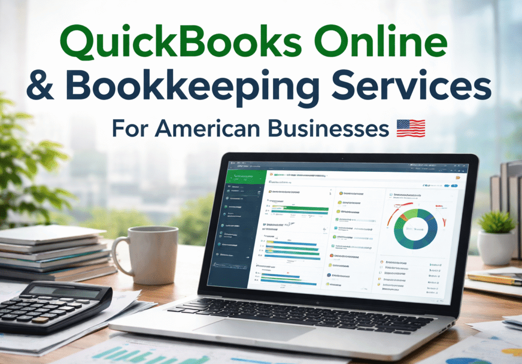 Professional bookkeeping and QuickBooks Online setup workspace with financial data and reports