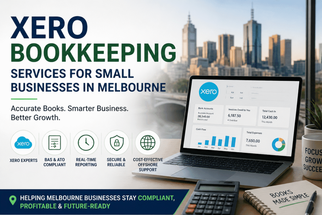 Xero bookkeeping services for small businesses in Melbourne showing laptop with financial dashboard, city skyline, and bookkeeping tools representing real-time accounting and offshore support