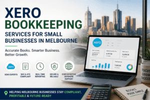 Xero bookkeeping services for small businesses in Melbourne showing laptop with financial dashboard, city skyline, and bookkeeping tools representing real-time accounting and offshore support